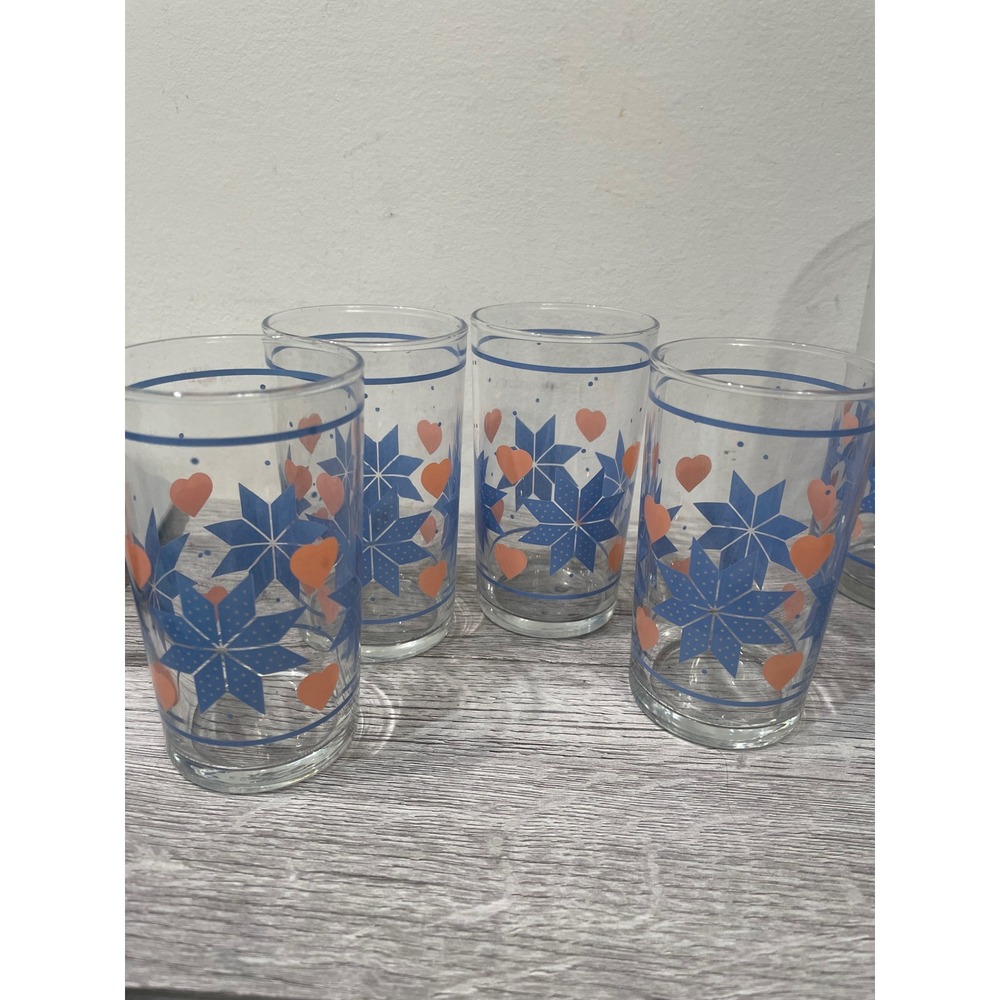 Vintage Libbey Juice Glasses Set of 4 Blue quilted Star Peach Heart Folk Art 4"